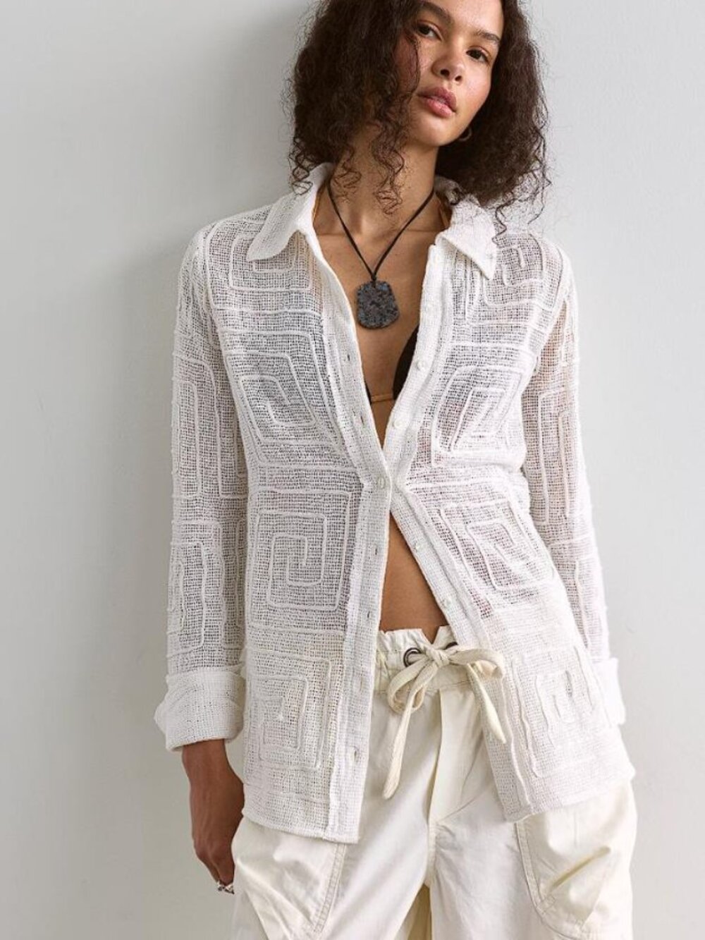 FREE PEOPLE Women's We The Free Geo Soutache Shirt Size S in Ivory (Dirty)